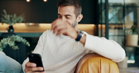 Poster - Reading, smile and phone with man on sofa for communication, social media and chat. Networking, conversation and connection with person and mobile in living room at home for scroll, online and post
