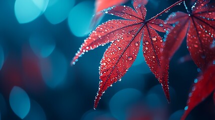 Poster - Red Leaves Water Droplets Nature Photography