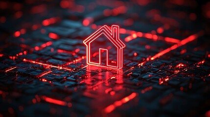 Poster - Red Neon House Icon on Circuit Board Background