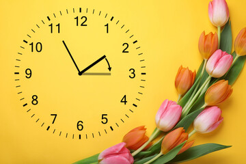 Poster - Clock and flowers on orange background, top view. Arrow showing time change one hour ahead in spring. Daylight saving time