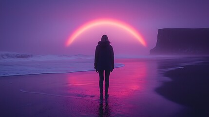 Poster - Silhouette Woman Beach Sunset Arc Light Peaceful Scene