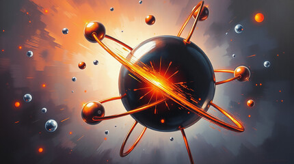 Wall Mural - 3d model of an atom with electrons orbiting the nucleus, symbolizing atomic structure and quantum ph