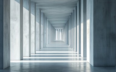 Poster - Abstract perspective of a long corridor with concrete columns and bright sunlight casting shadows. Minimalist architecture, geometric shapes and light and shadow play are key elements