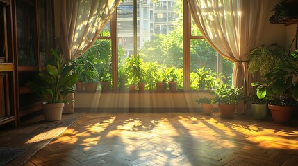 Poster - Sunlit Room with Greenery and Hardwood Floors
