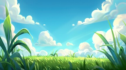 Wall Mural - Enjoy vibrant green fields under a bright blue sky, dotted with fluffy white clouds, perfect for summer vibes.