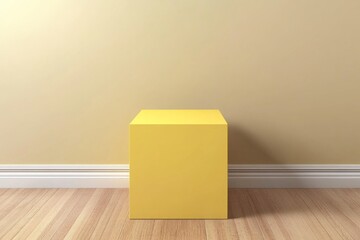Poster - Yellow cube on wooden floor against pale yellow wall.