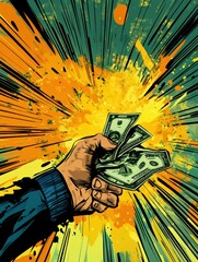 Aufkleber - Hand holding cash with dynamic explosion background during a vibrant art creation. Generative AI