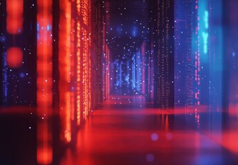Poster - Abstract data center corridor illuminated by vibrant red and blue lights showcasing digital technology with glowing particles and futuristic elements