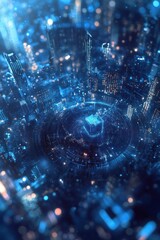 Poster - Aerial view of a futuristic city illuminated at night with vibrant blue lights and digital elements, showcasing urban life