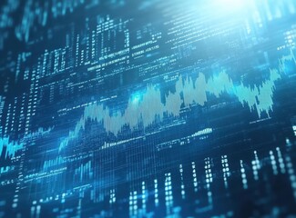 Aufkleber - Abstract data visualization with glowing blue lines, digital numbers, and graph patterns illustrating financial trends and technological concepts in a futuristic design