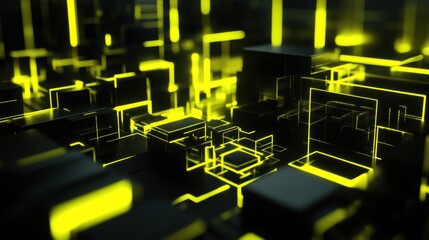 Poster - abstract digital landscape with glowing yellow lines and shapes