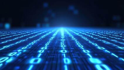 Aufkleber - Abstract digital background with binary code flowing in perspective, representing data transmission and computer technology concepts, vibrant blue tones