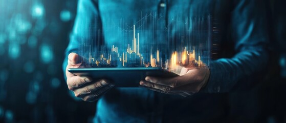 Poster - A person analyzing digital financial data on a tablet, surrounded by abstract graphs and futuristic technology visuals