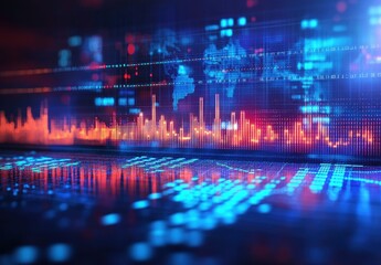 Poster - Abstract digital data visualization with world map, colorful graphs, and glowing statistics on a futuristic background for technology and finance concepts