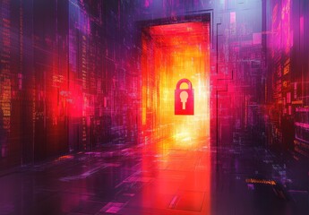 Poster - Abstract digital gateway with colorful glowing patterns and a prominent lock symbol representing online security and data protection in a modern cyber environment