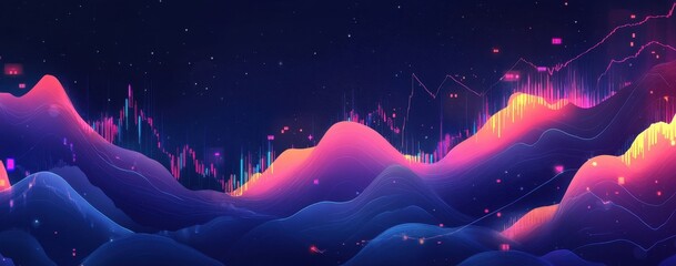 Poster - Abstract Digital Landscape with Colorful Graphs and Waves Representing Data Visualization and Technology Trends in a Futuristic Style