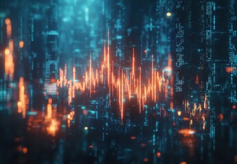 Poster - Abstract Digital Soundwave Visualization with Glowing Elements in a Futuristic Cityscape Background