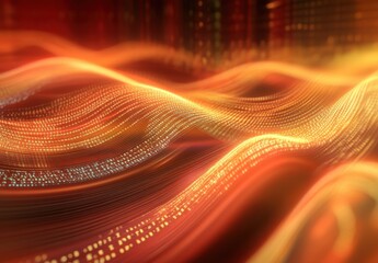 Poster - Abstract Digital Waves in Warm Orange and Red Tones with Glowing Light Effects for Technology, Science, and Art Projects