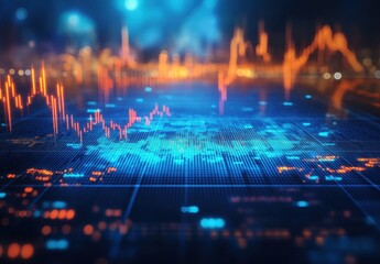 Poster - Abstract financial technology background with data visualization, glowing graphs, charts, and futuristic elements over a digital landscape in blue and orange tones