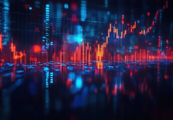 Poster - Abstract futuristic digital financial data visualization with glowing red and blue elements reflecting on dark background, representing stock market trends and analysis