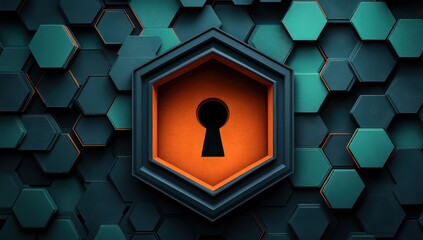 Poster - Abstract geometric background featuring a stylized keyhole design within a hexagonal shape surrounded by vibrant teal and orange hues