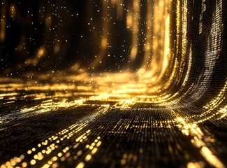 Poster - abstract golden light particles flowing through digital space creating a mesmerizing and enchanting 