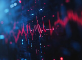 Poster - Abstract Visualization of Sound Waves in Vibrant Red and Blue Colors with Digital Background for Technology and Music Themes