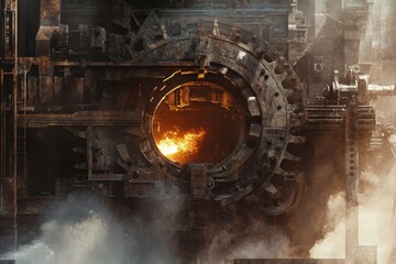 Aufkleber - Immense casting machinery with molten steel and industrial atmosphere, showcasing large gears and radiant heat waves