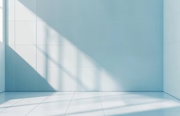 Poster - Bright Minimalist Interior Room with Soft Shadows and Light Reflections on White Tiles, Perfect for Modern Design and Architecture Backgrounds