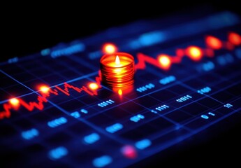 Poster - Candle Flame Illuminating Financial Data Trends on Stock Market Graph in Dark Setting for Metaphorical Representation of Investment and Analytics Concepts