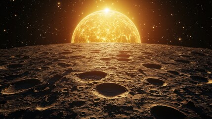 Wall Mural - Cratered moon surface sunrise, space, cosmic background, science fiction
