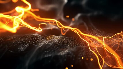 Poster - Dynamic Abstract Digital Illustration with Glowing Orange Lines and Geometric Patterns Futuristic Display of Energy and Movement in Vibrant Colors and Intricate Designs Against Dark Background