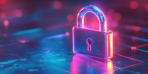 Poster - Colorful illuminated padlock standing on a digital surface showcasing security and protection in a futuristic cyber environment with glowing lights