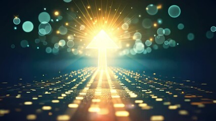 Poster - Glowing Arrow Points Upward Amidst Vibrant Path, Symbolizing Progress and Direction with Bokeh Lights, Creating Sense of Movement and Energy in Dynamic Atmosphere