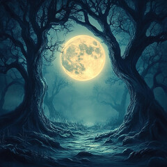 Poster - Moonlit forest pathway enchanted woods digital art nighttime mystical atmosphere