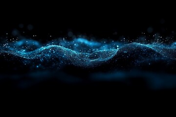 Poster - Abstract glowing turquoise wave on black backdrop, glitter effect