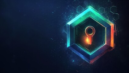 Poster - Digital key unlocking potential with vibrant geometric pattern in a futuristic technology-inspired background for security and access concepts