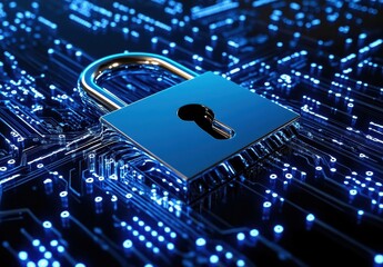 Poster - Digital Lock on Circuit Board Background Illuminated by Blue Light, Symbolizing Cybersecurity and Data Protection in Modern Technology