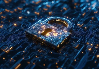 Poster - Digital Lock on a Futuristic Circuit Board with Glowing Elements Illustrating Cybersecurity and Data Protection in Technology Environment