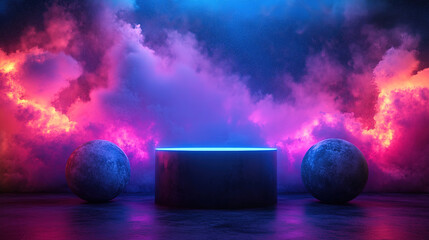 Poster - Illuminated nebula scene with floating spheres digital art futuristic vibrant lighting abstract concept