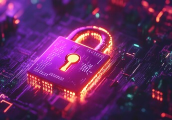Aufkleber - Digital lock with glowing neon lights on a circuit board, representing cybersecurity and data protection in a futuristic technology environment
