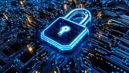 Poster - Digital Security Concept Represented by a Glowing Blue Padlock on a Circuit Board with Bright Data Connections and High-Tech Background