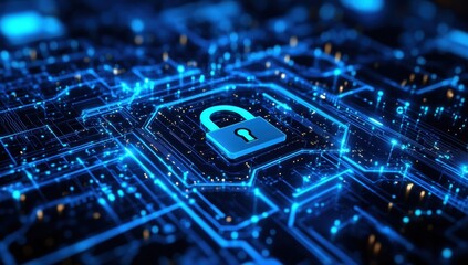 Poster - Digital security concept of blue glowing lock symbol on circuitry background representing data protection in technology and cybersecurity environments