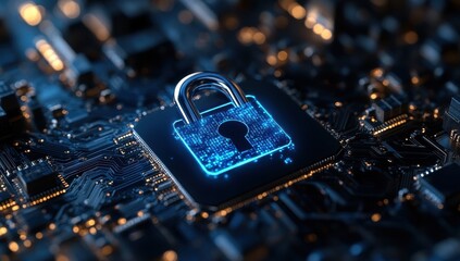 Aufkleber - Digital Security Concept with a Blue Padlock on a Circuit Board Background Representing Data Protection and Cybersecurity Technology Innovation