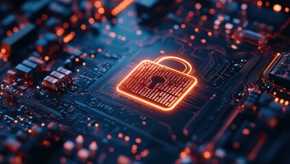 Poster - Digital security concept with a glowing padlock symbol on a circuit board background showcasing modern technology and data protection in cyber space