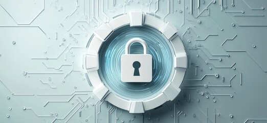 Poster - Digital Security Concept with Futuristic Lock Symbol on Circuit Background Representing Cyber Protection and Data Privacy