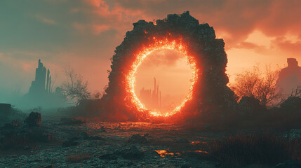 Wall Mural - Mysterious portal erupting with flames desert landscape digital art dusk environment surreal viewpoint fantasy concept