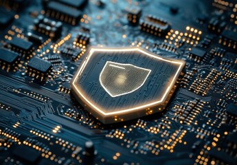 Poster - Digital Security Concept with Microchip and Shield Symbolizing Protection of Data and Information in Cyber Technology Environment