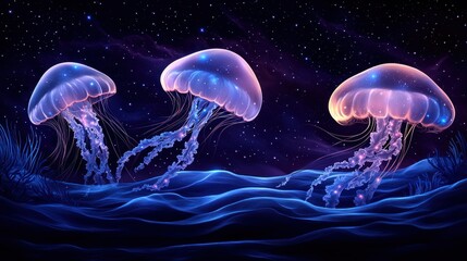 Wall Mural - Glowing jellyfish ocean night art, cosmic background, fantasy