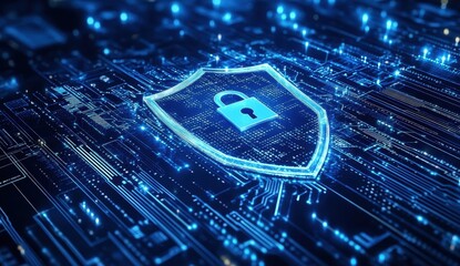 Poster - Digital security shield illustration with lock symbol on glowing circuit board background representing technology, privacy, and cyber protection concepts
